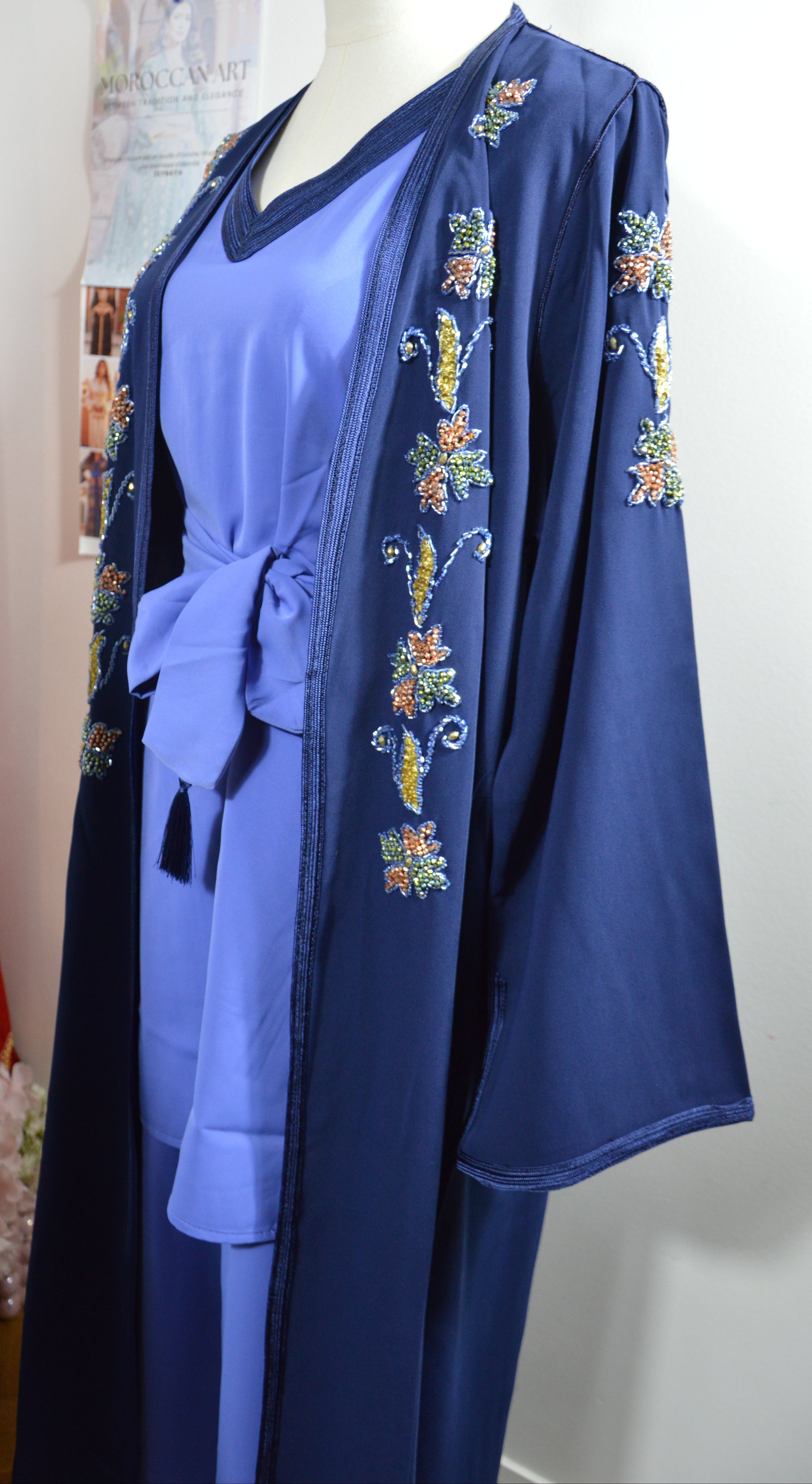 KIMONO CRÊPE PREMIUM 4 PIÈCES BRODÉ PERLÉ - BLEU MARINE