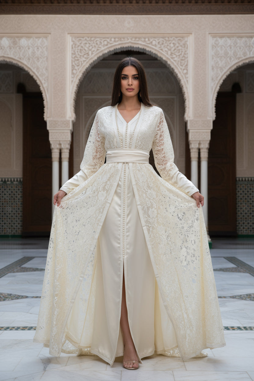 Takchita Dentelle Ivoire Élégance — Dentelle & Ceinture Satin