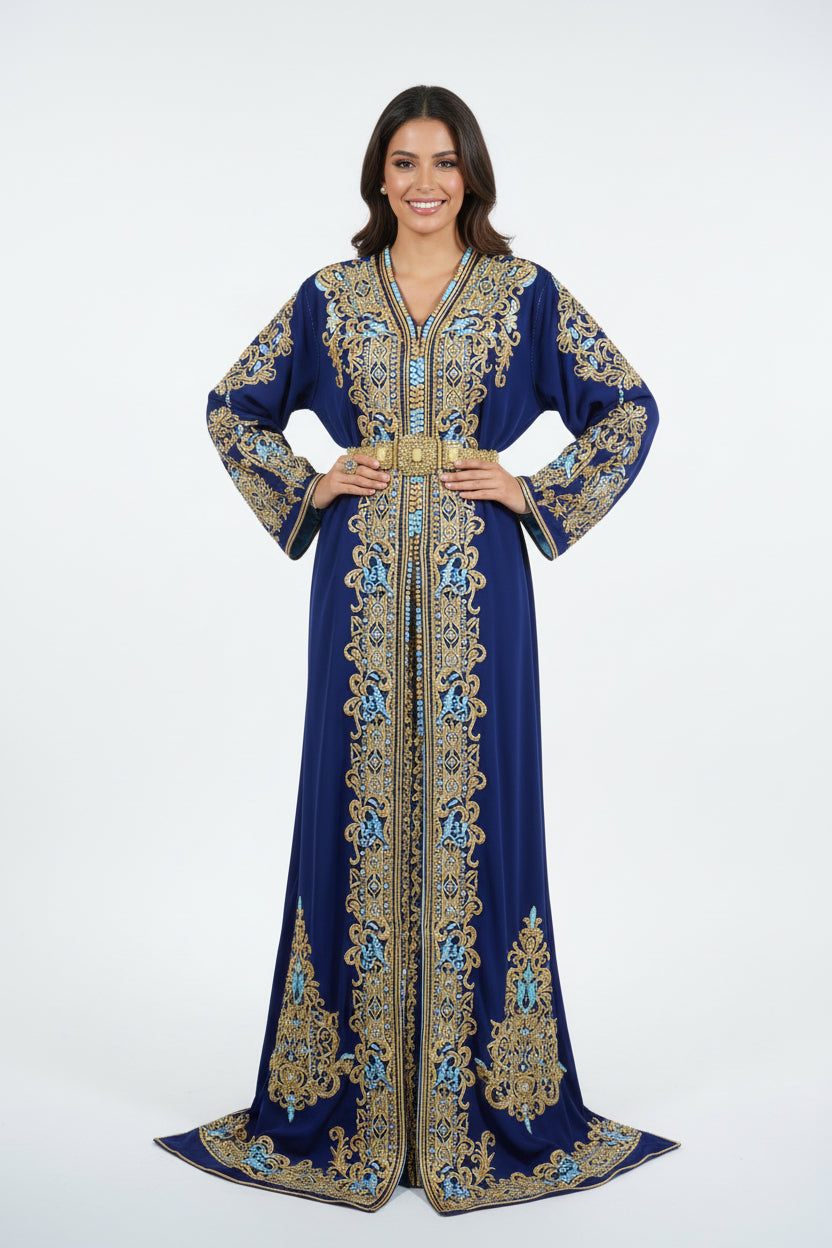 Takchita Bleu Brodée Perlée - Luxe Artisanal Zeynaya