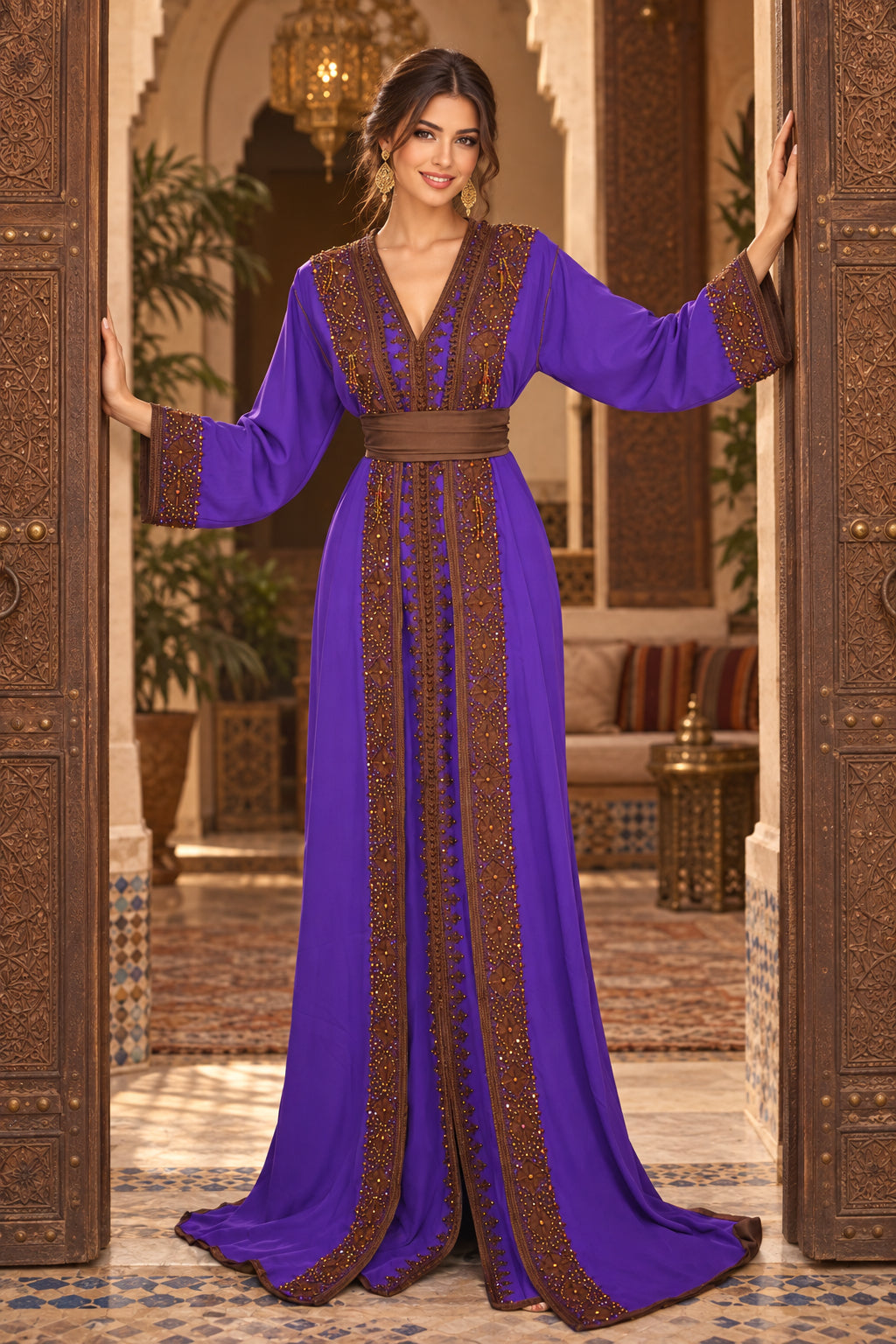 Takchita Fassi violet aux ornements bruns et dorés