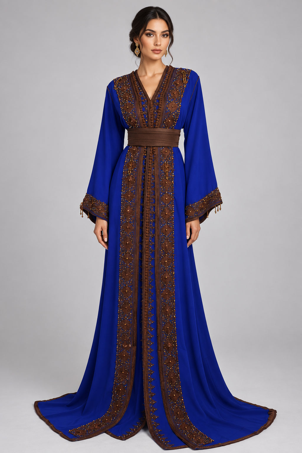 Takchita Fassi bleu aux ornements bruns et dorés