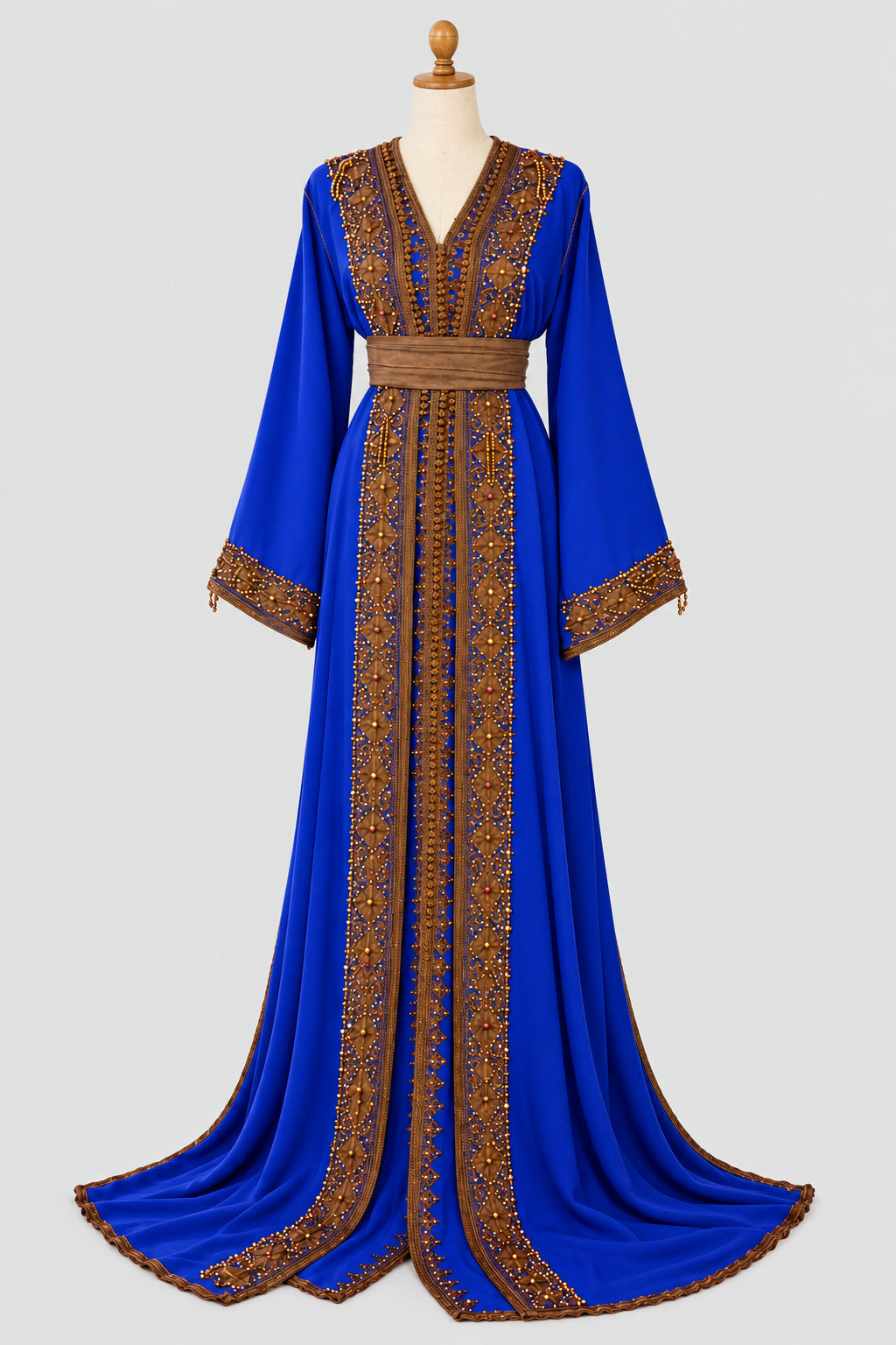 Takchita Fassi bleu aux ornements bruns et dorés