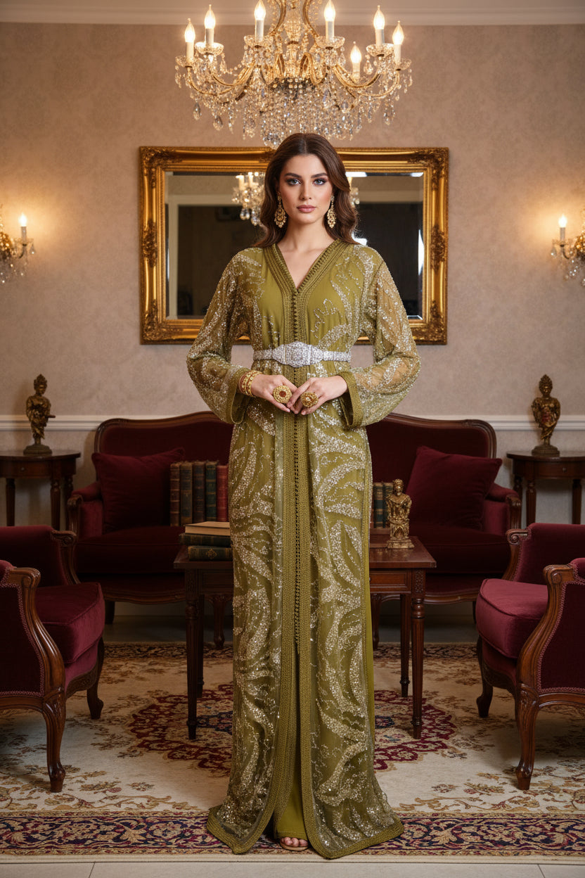 Takchita Dorée à Doublure Verte – Sequins Or et Argent