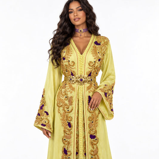 Takchita Signature Jaune beurre aux ornements dorés et violets