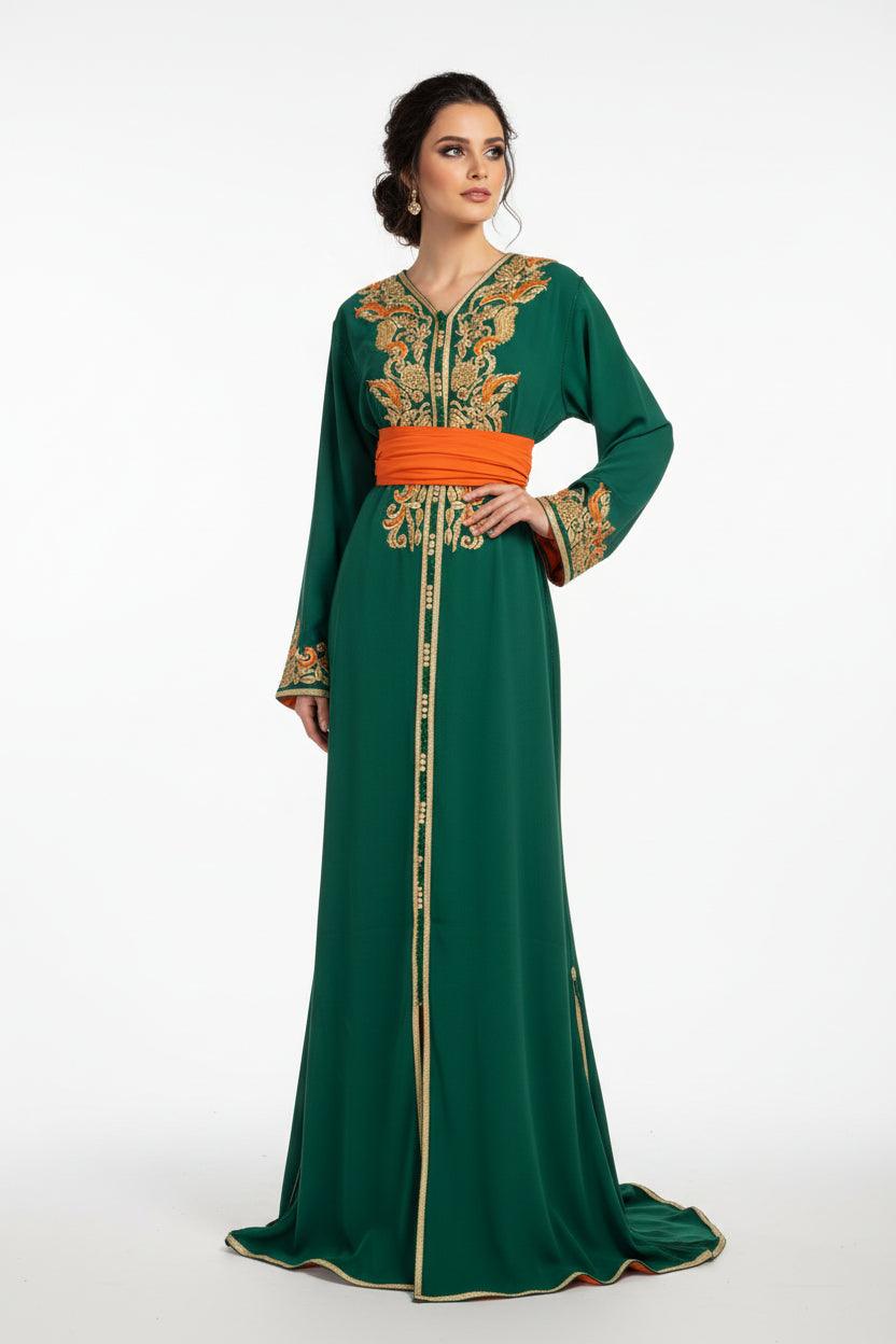 Caftan vert orange coupe sirène - vue de face - broderies raffinées