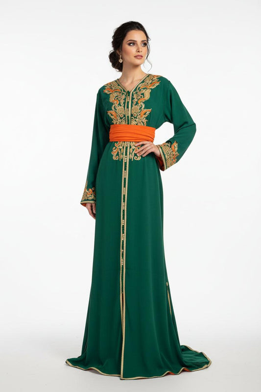 Caftan vert orange coupe sirène - vue de face - broderies raffinées