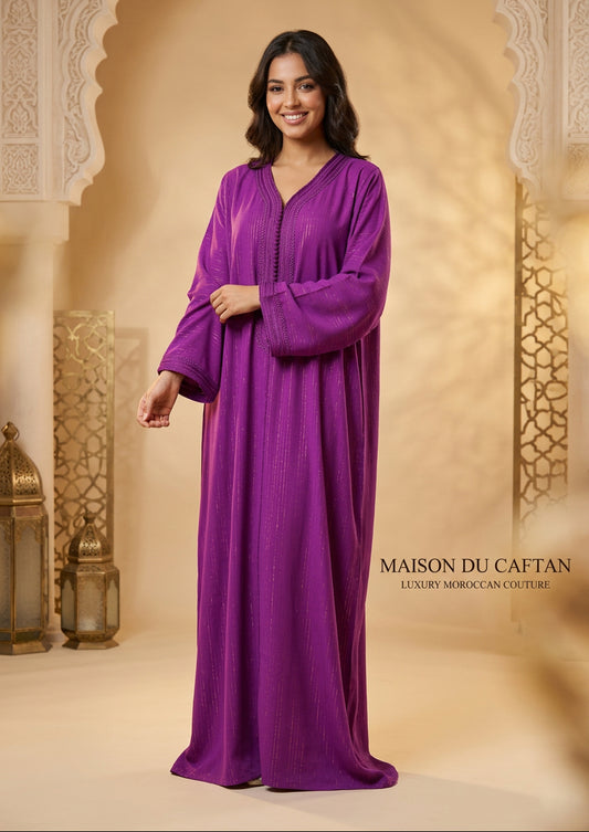 Gandoura femme violette à filaments dorés