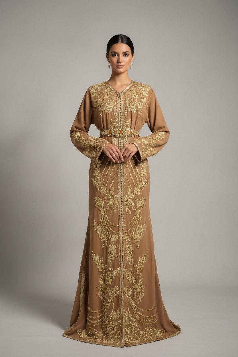 Caftan sirène beige moka - vue complète - élégance marocaine couture