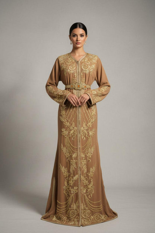 Caftan sirène beige moka - vue complète - élégance marocaine couture