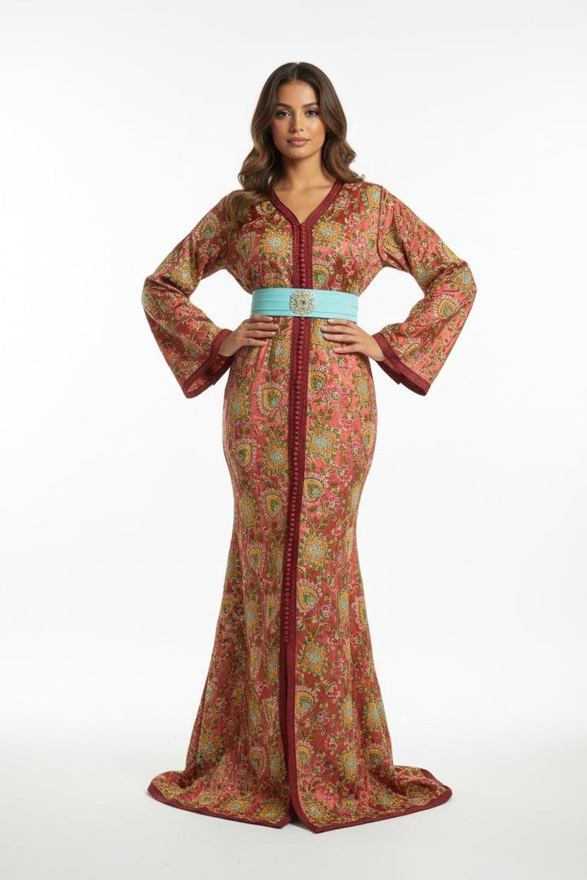 Caftan sirène sari rose brique - vue d'ensemble - style indo-marocain luxe