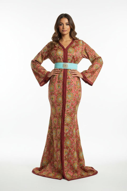 Caftan sirène sari rose brique - vue d'ensemble - style indo-marocain luxe