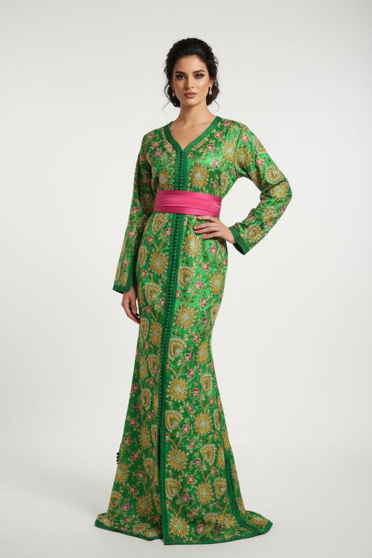 Caftan sirène sari vert - vue d'ensemble - style indo-marocain luxe