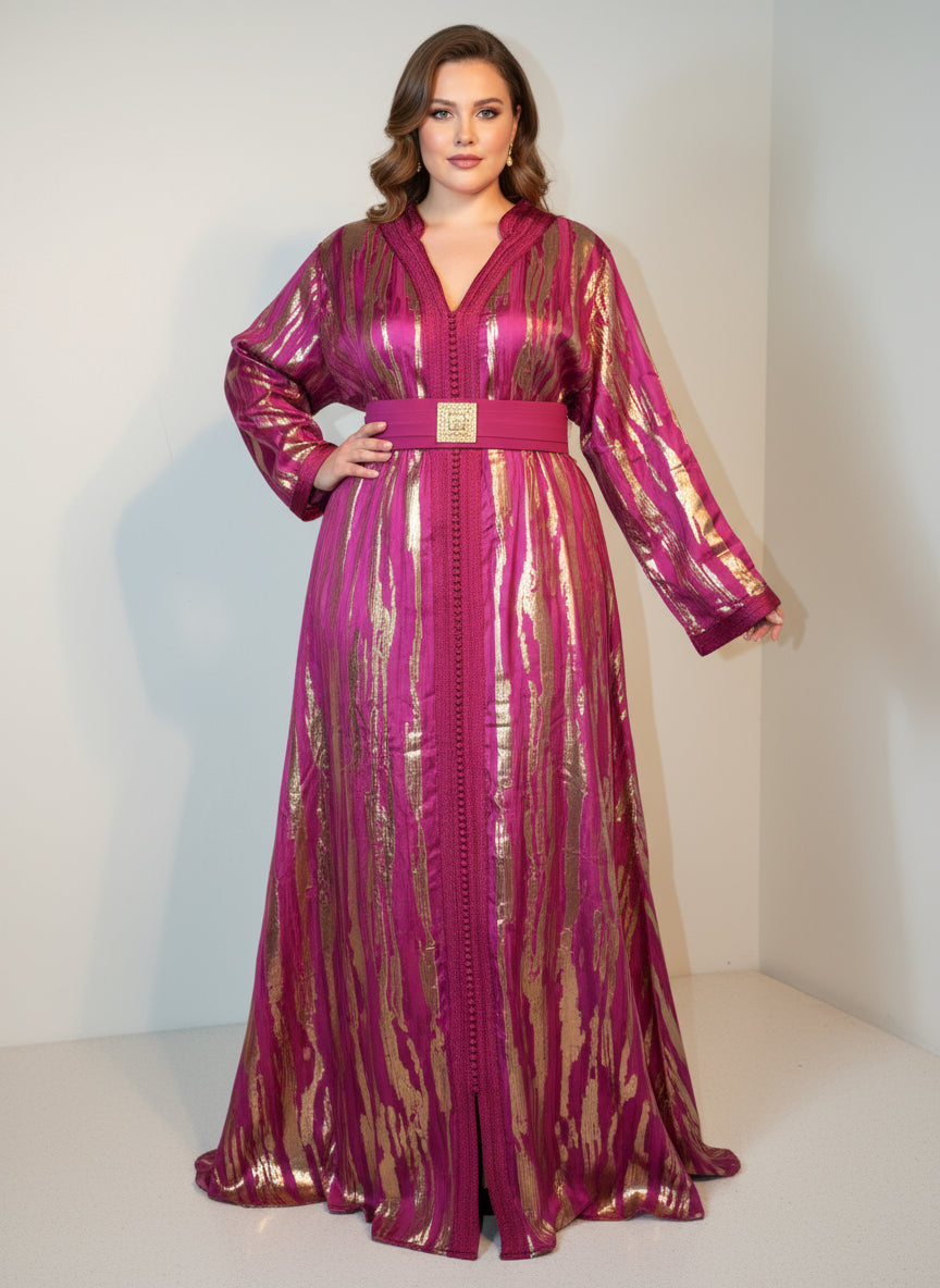 CAFTAN MÉTALLISÉ LUXE – ROSE FUCHSIA DORÉ