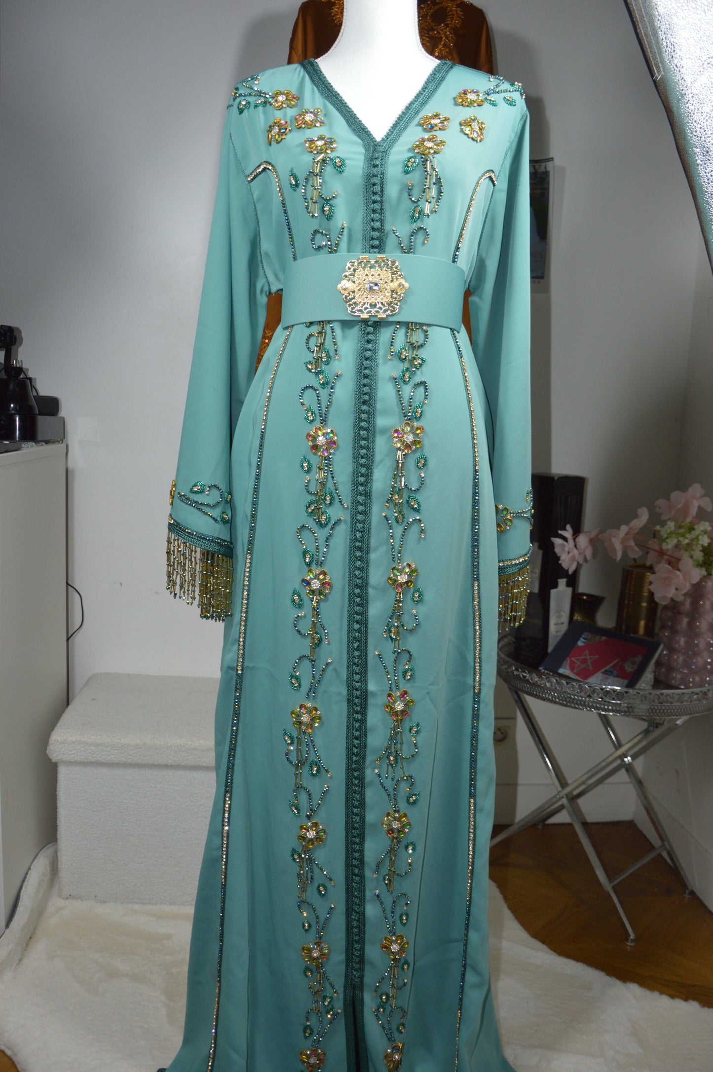Caftan bleu vert marocain - vue d'ensemble