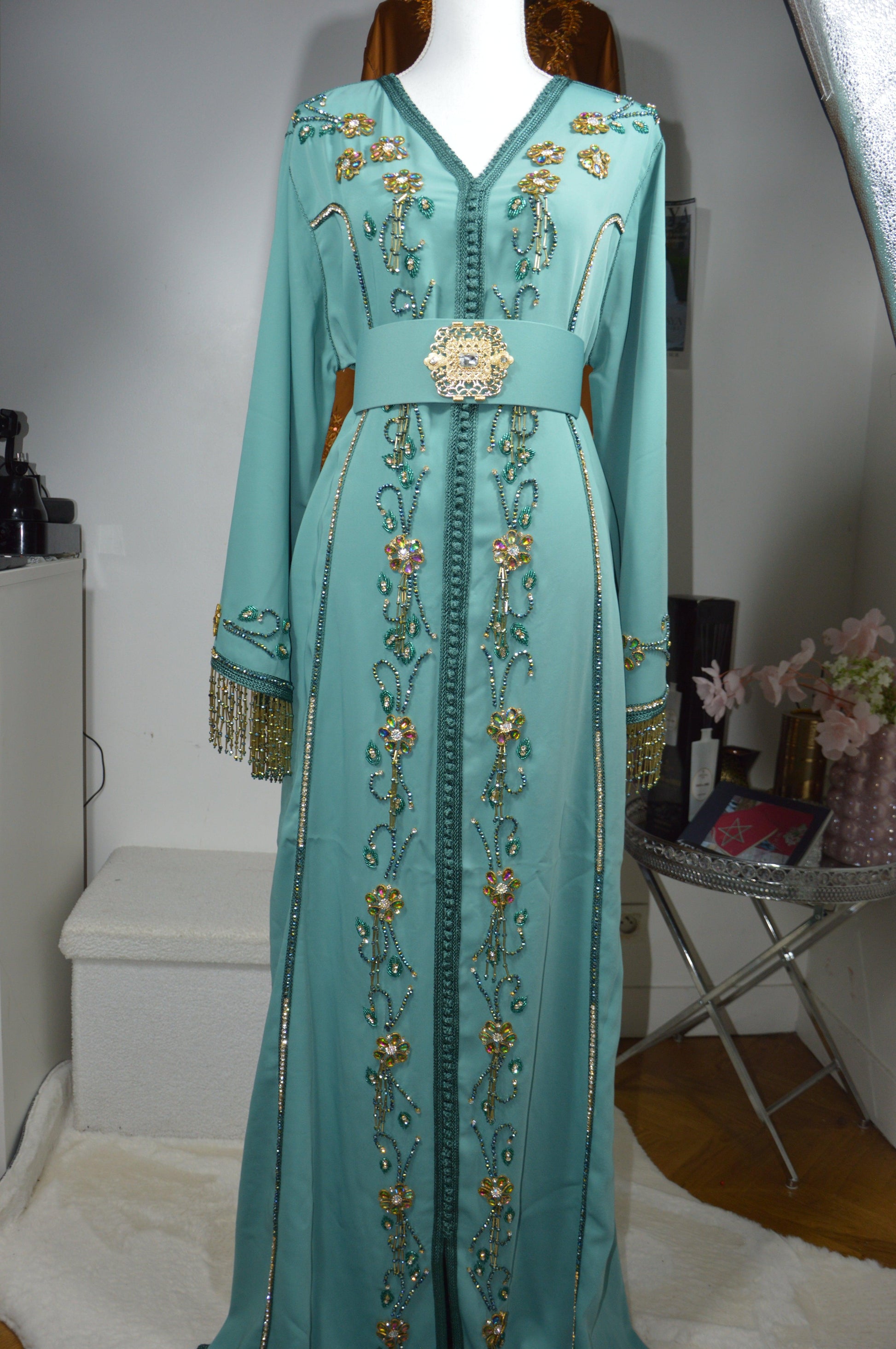 Caftan bleu vert marocain - vue d'ensemble