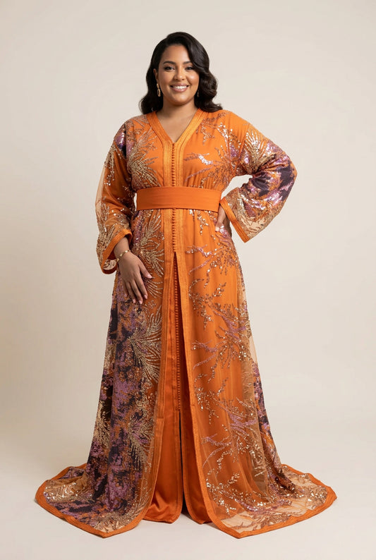 Takchita Noor Cristal d’Argent orange et noir – Curvy
