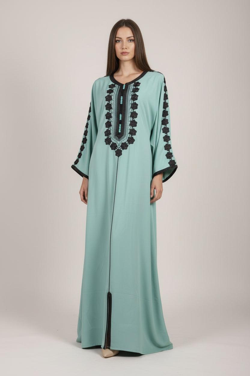 Gandoura farasha vert eau fleurs noires - vue de face complète
