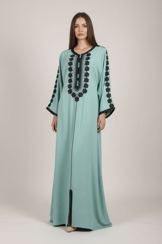 Gandoura farasha vert eau fleurs noires - vue de face complète