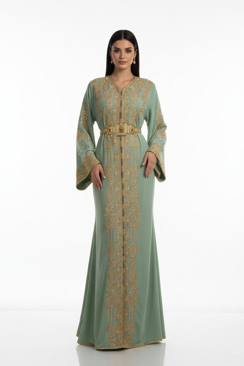 Caftan coupe sirène vert eau - vue de face complète