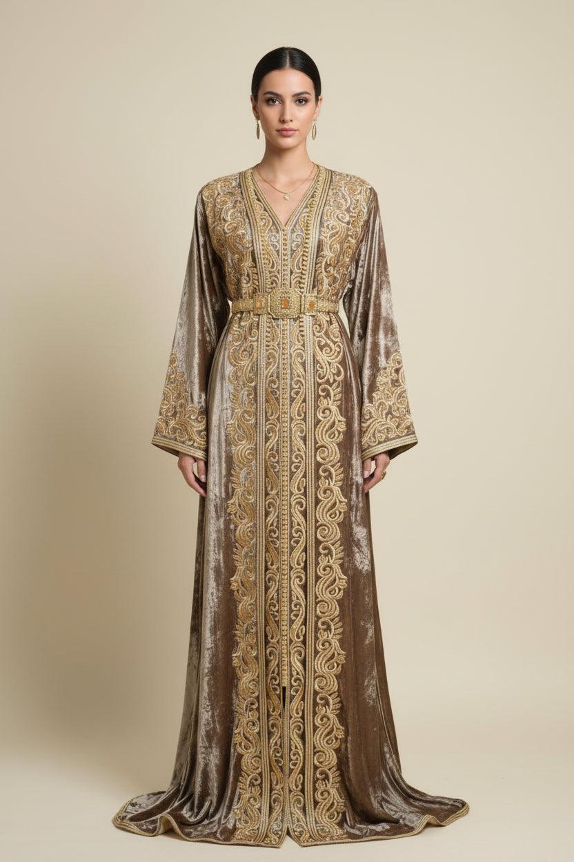 Takchita haute couture velours marron - vue de face complète