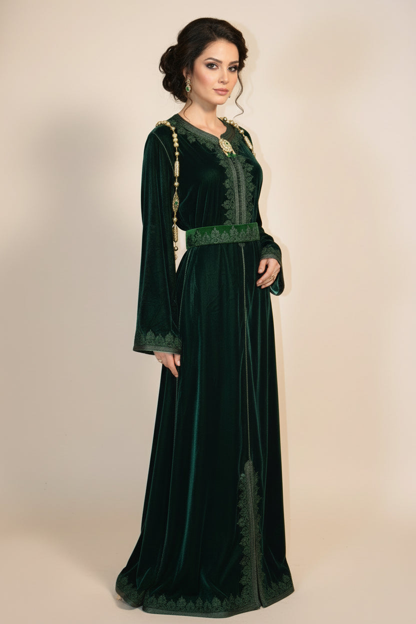 CAFTAN EN VELOURS VERT ÉMERAUDE – BRODERIES TRADITIONNELLES