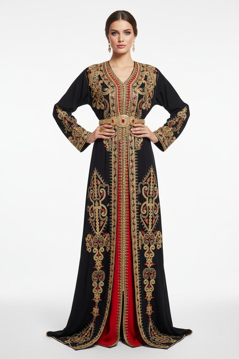 Caftan perle noir et rouge - vue de face - robe marocaine luxe