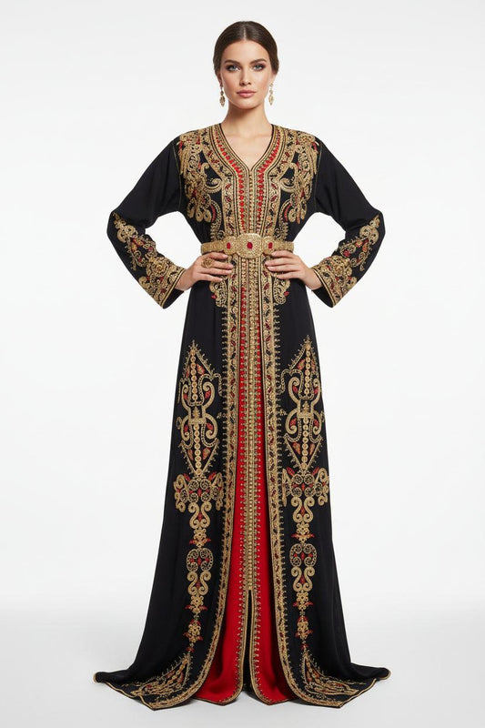 Caftan perle noir et rouge - vue de face - robe marocaine luxe