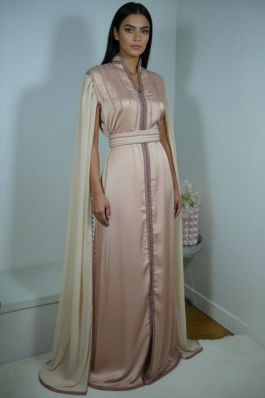 Cape caftan saumon corail broderies dorées - Vue de face complète