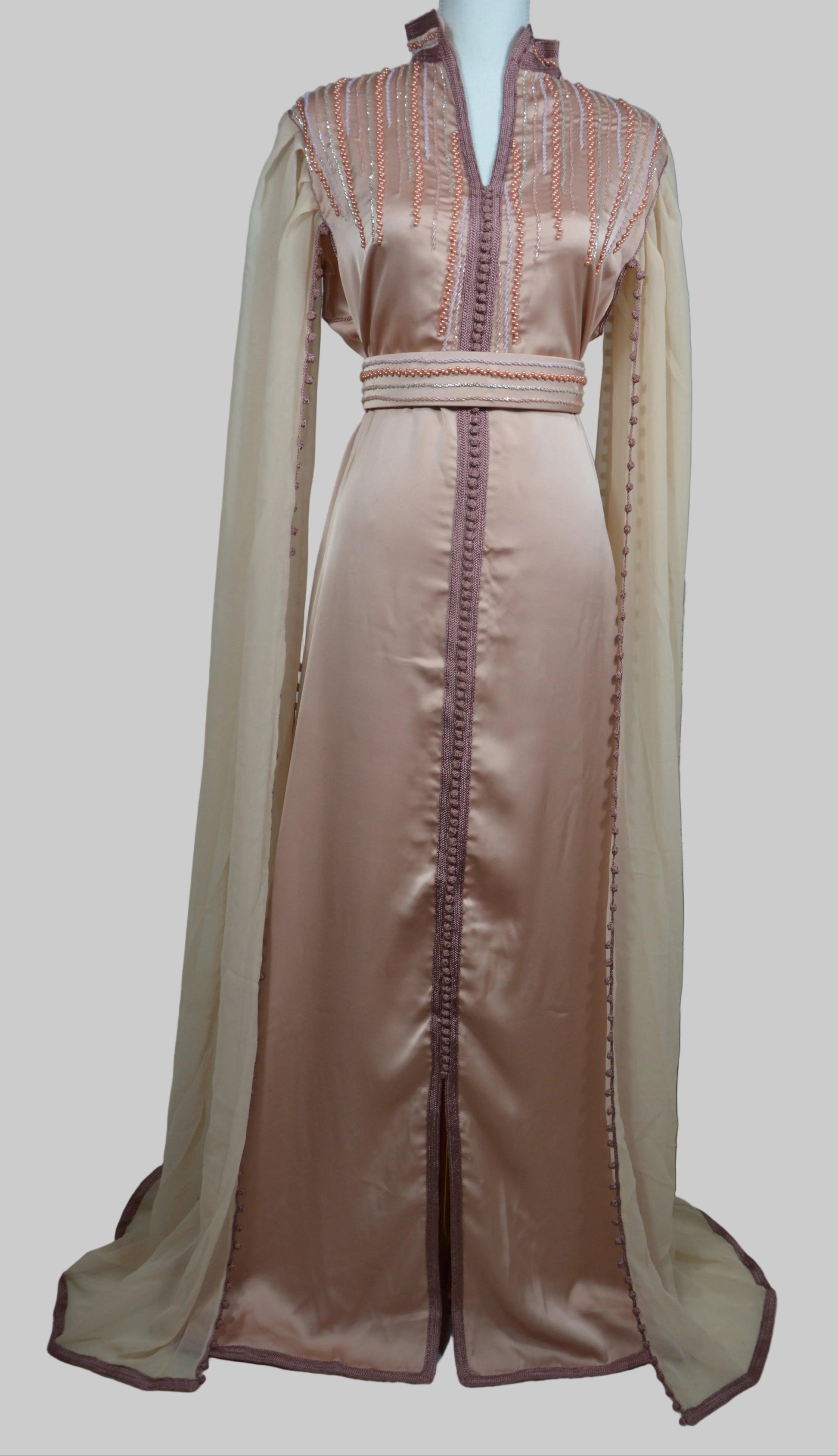 Cape caftan saumon corail broderies dorées - Vue d'ensemble