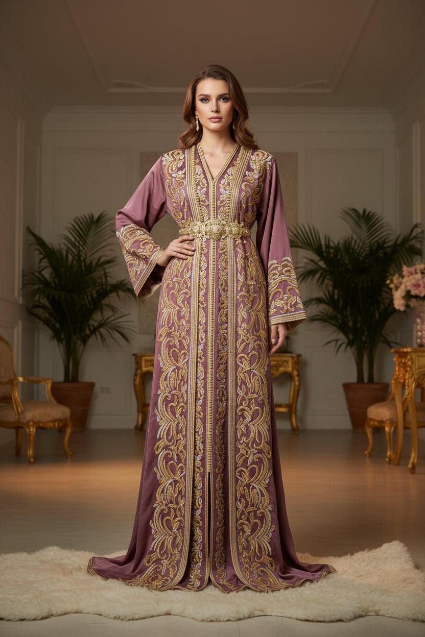 Takchita nude haute couture brodée perlée - Vue de face complète
