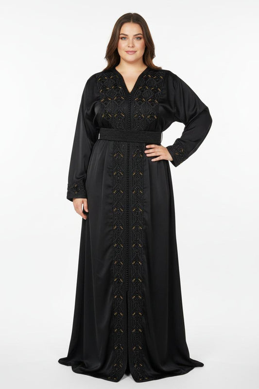 Takchita haute couture noire ornée d'or vue de face - ZEYNAYA PRESTIGE