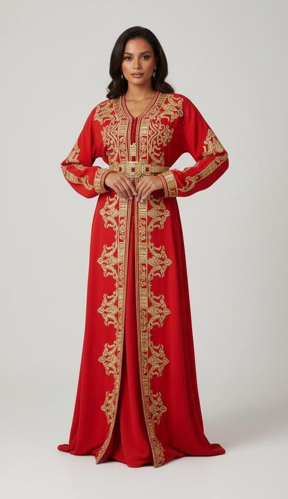 Takchita rouge brodée marocaine deux pièces - Vue de face complète