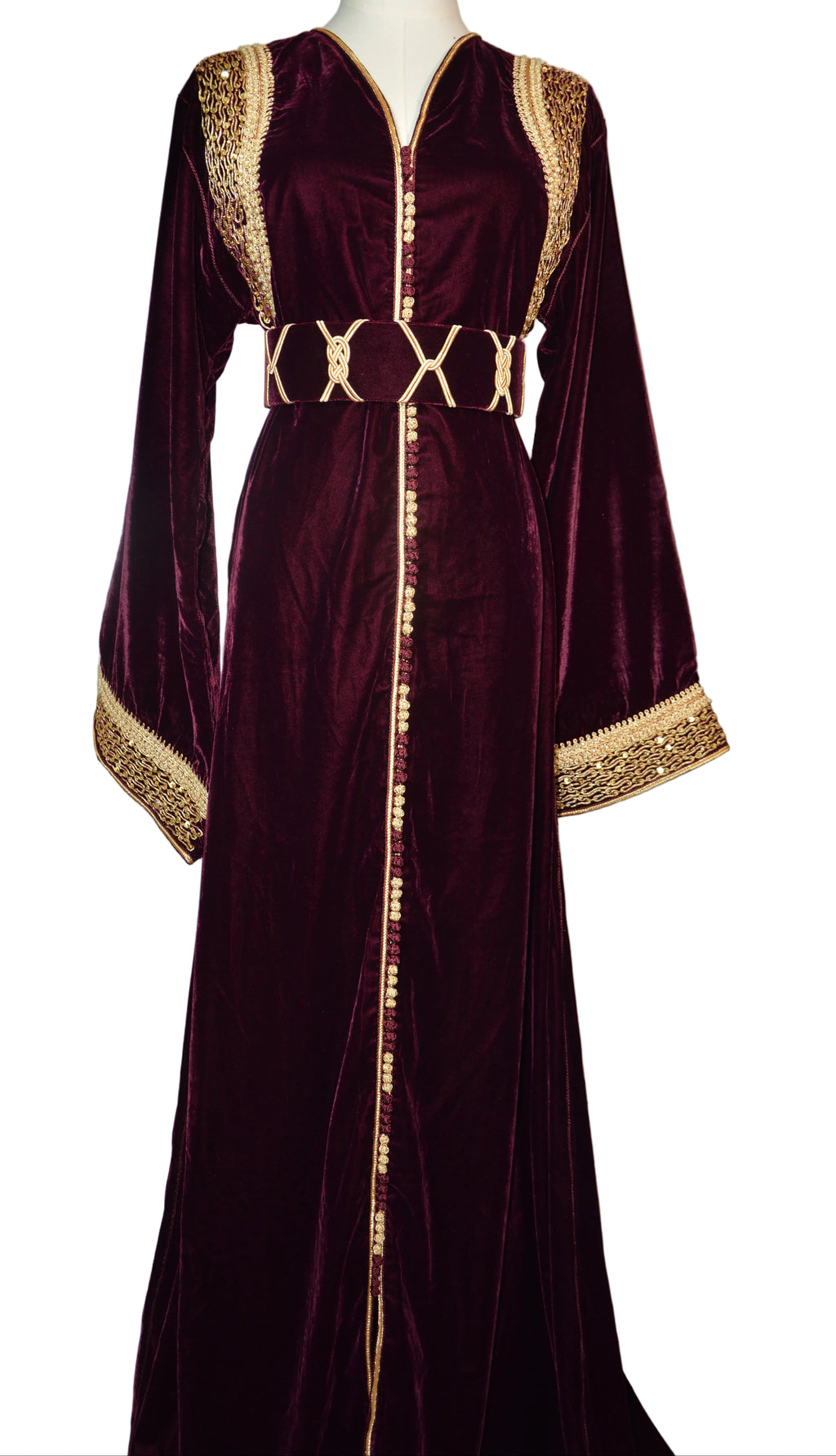 Caftan velours bordeaux brodé or - Vue d'ensemble - Luxe marocain ZEYNAYA