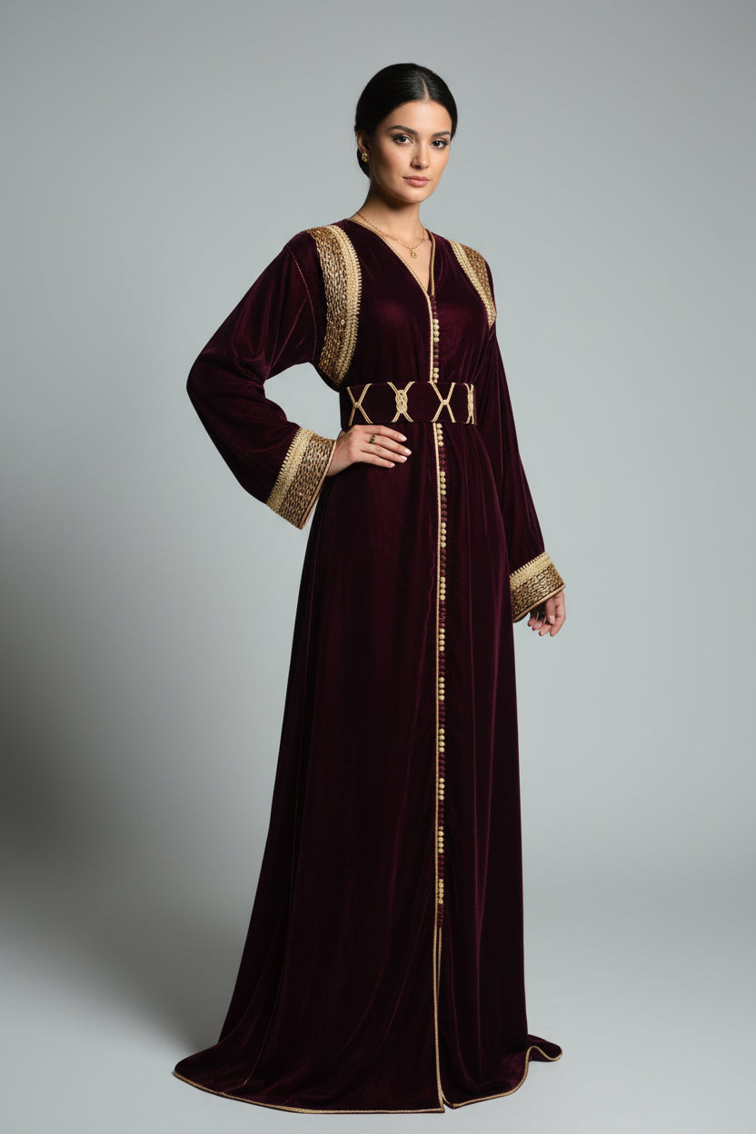Caftan velours bordeaux brodé or - Vue de face - Luxe marocain ZEYNAYA