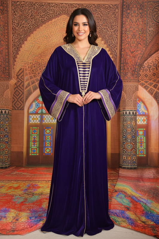 GANDOURA VELOURS VIOLET BRODE DE FIL D'OR