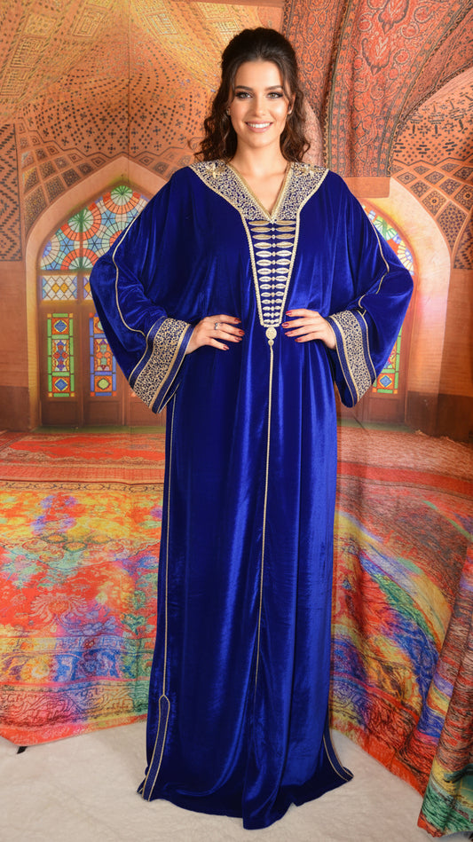GANDOURA VELOURS BLEU ROI BRODÉE FIL D'OR