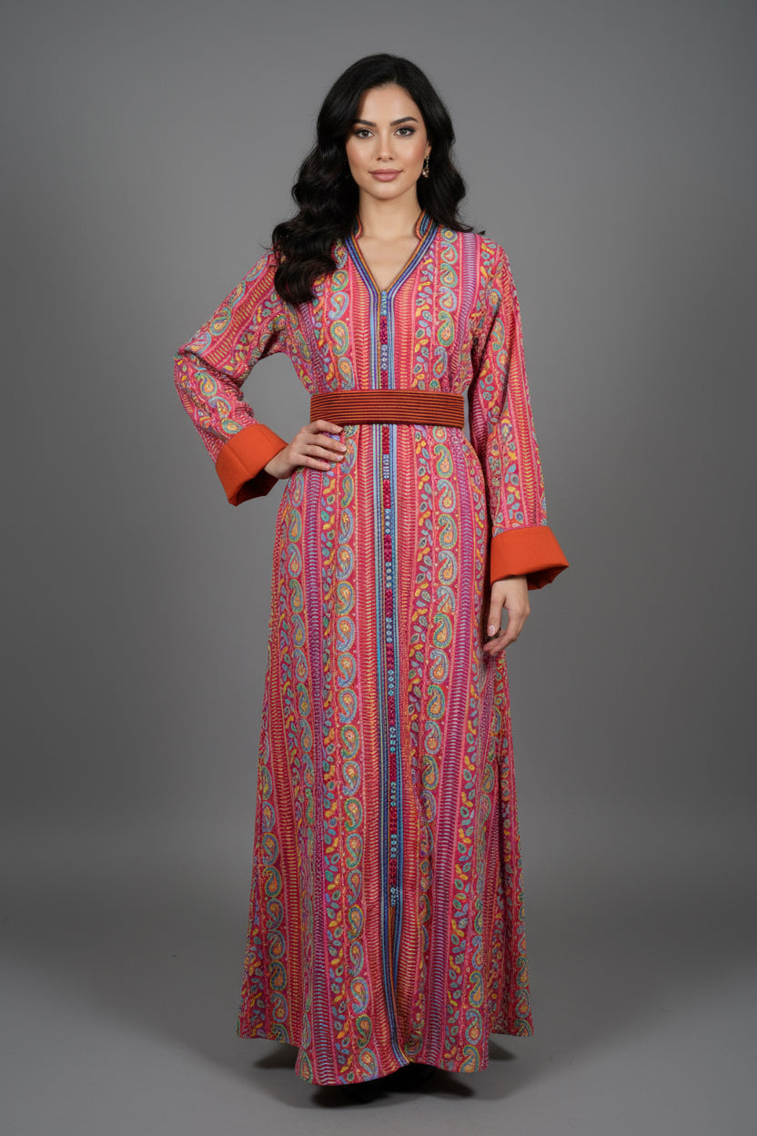 CAFTAN SARI ROSE & ORANGÉ – MOTIFS CACHEMIRE