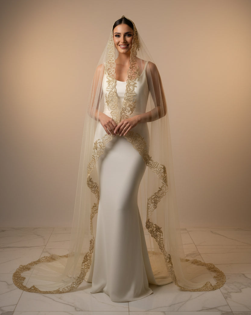 Voile Marié beige brodé or - zeynaya prestige
