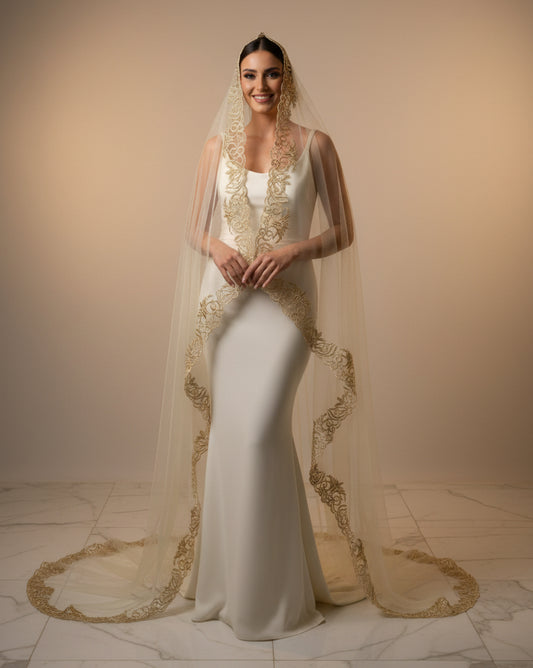 Voile Marié beige brodé or - zeynaya prestige