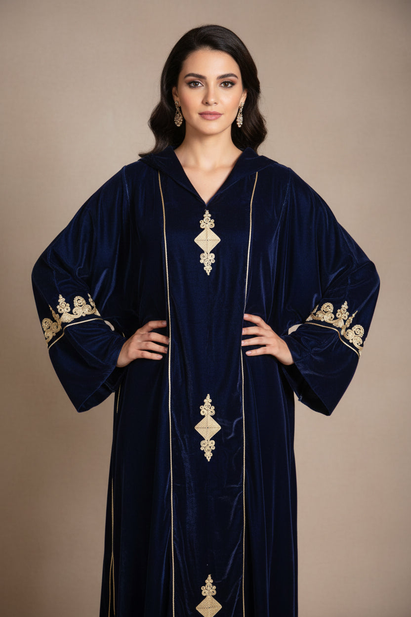 Djellaba Velours Bleu Marine - Djellaba Marocaine de Luxe