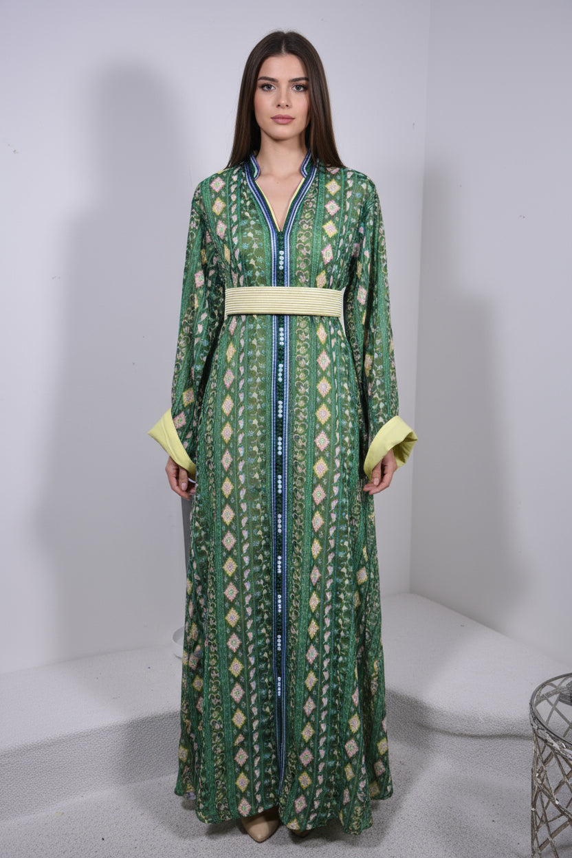 CAFTAN SARI VERT ÉMERAUDE – MOTIFS GÉOMÉTRIQUES & FLEURIS