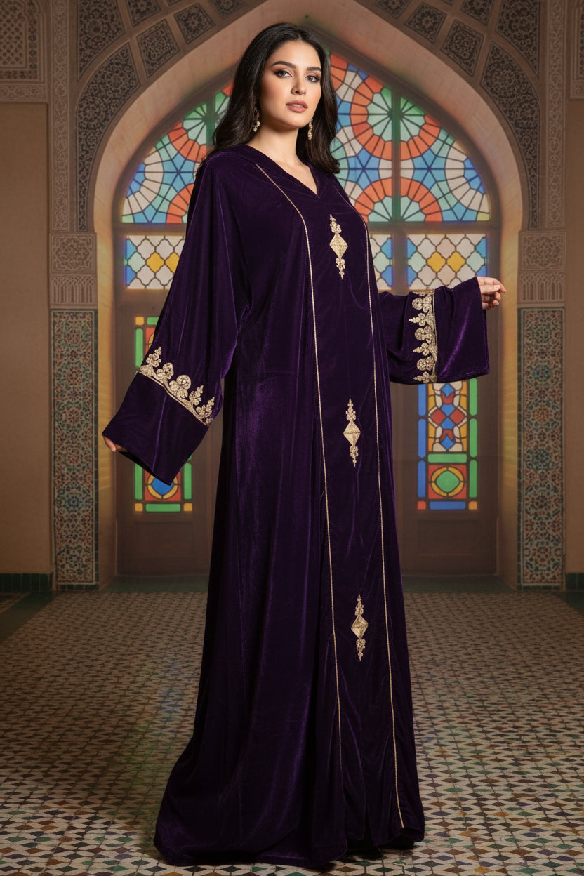 Jellaba Velours Violet - Luxe Artisanal Marocain