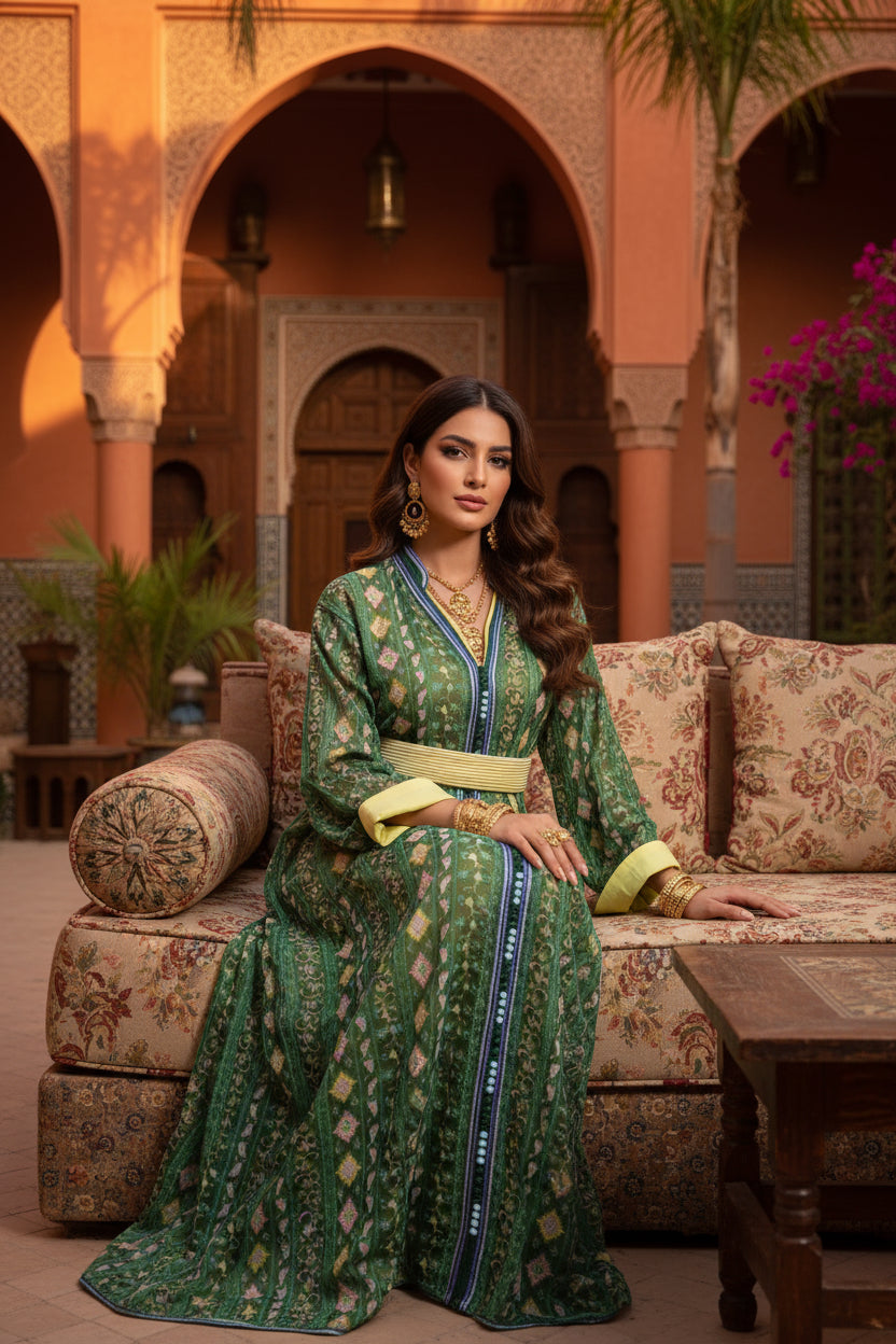 CAFTAN SARI VERT ÉMERAUDE – MOTIFS GÉOMÉTRIQUES & FLEURIS