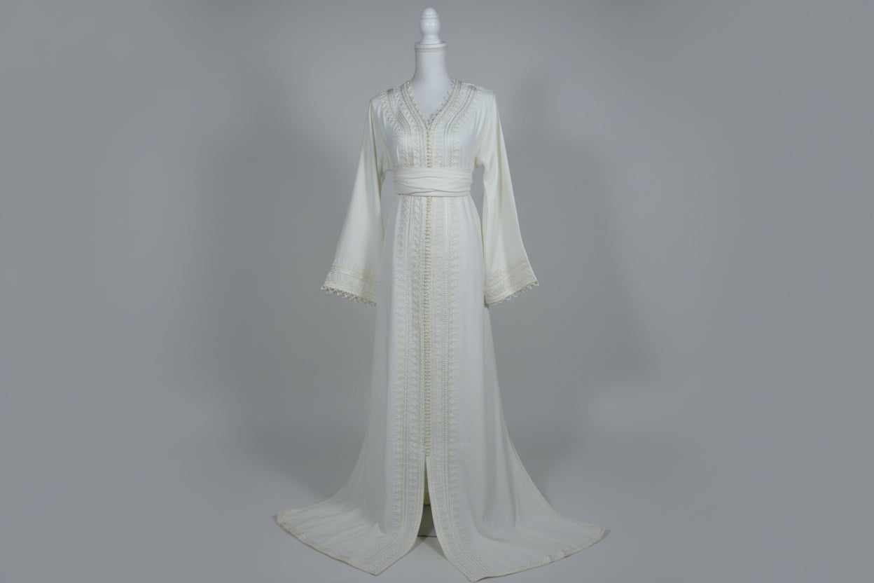 Caftan MALAIK Brodé Blanc - Caftan Marocain de Luxe