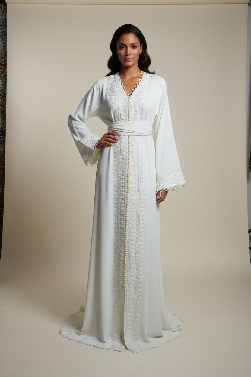 Caftan MALAIK Brodé Blanc - Caftan Marocain de Luxe