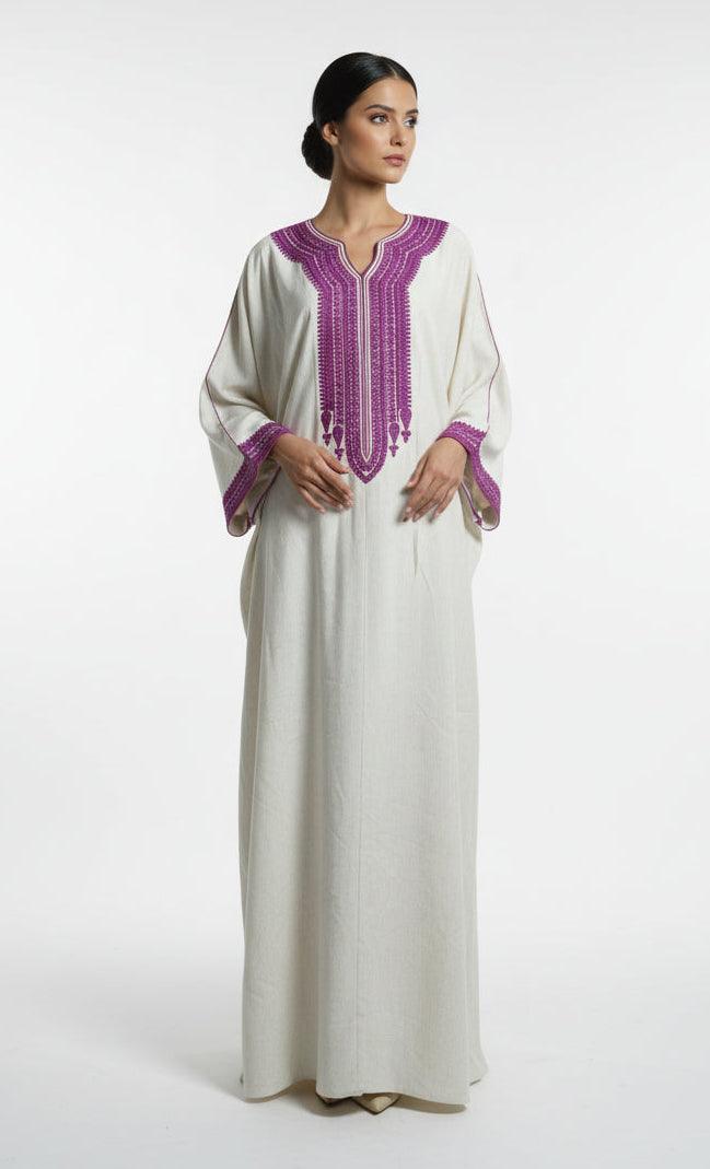 Gandoura farasha lin broderie violette marocaine - Vue de face complète