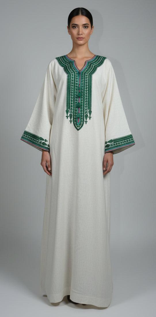 Gandoura farasha en lin premium beige - vue de face - caftan marocain ZEYNAYA