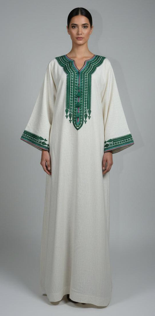 Gandoura farasha en lin premium beige - vue de face - caftan marocain ZEYNAYA