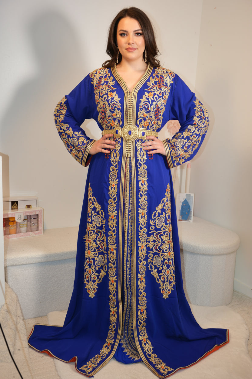 TAKCHITA ROYALE BLEU ROI & ORANGE – BRODERIES DORÉES IMPÉRIALES