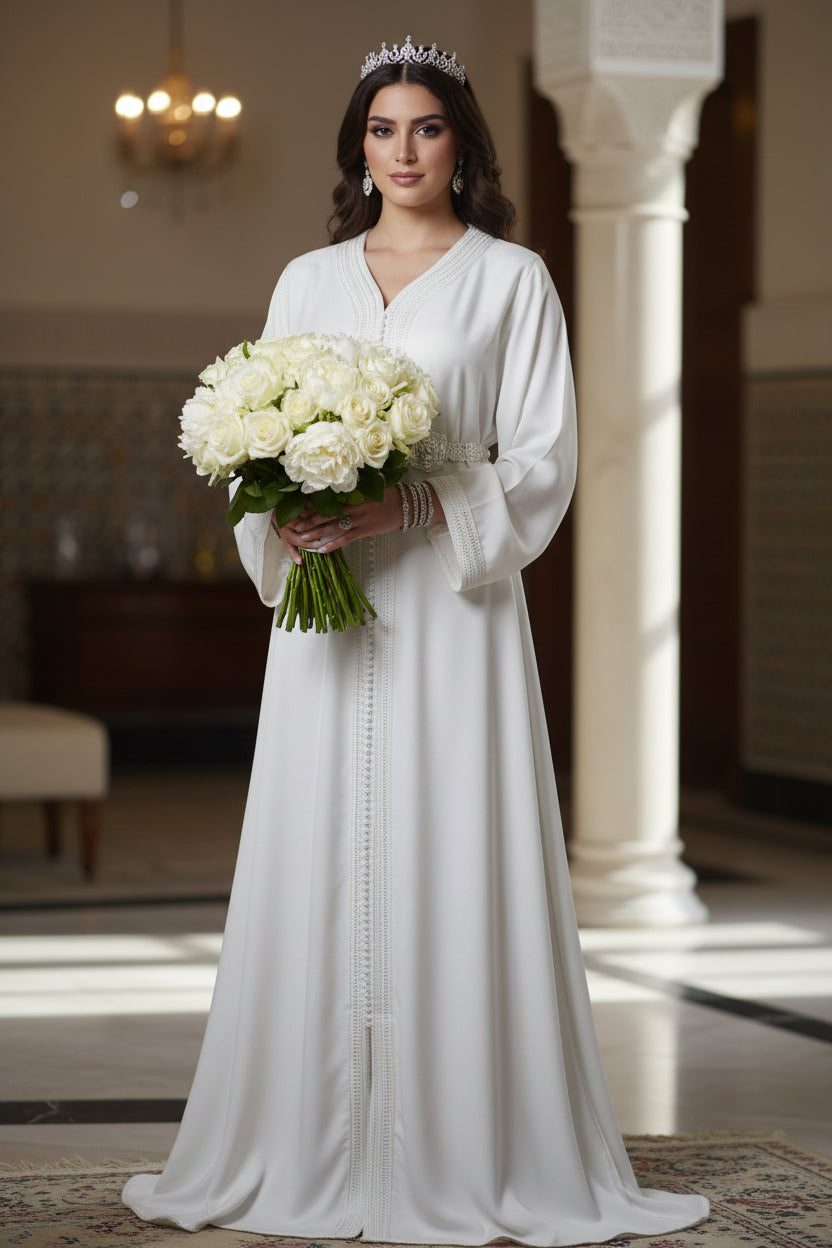 Caftan Blanc Drap de Soie - Caftan Marocain de Luxe